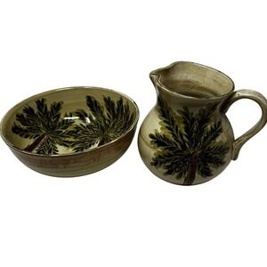 Emerald‎ Bay Tabletops Unlimited Palm Tree Ceramic Pitcher/Bowl Set Hand Painted